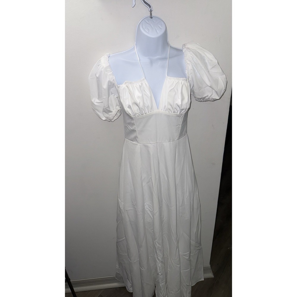 SHEIN White Puff Sleeve Midi Dress‎ Cottagecore Ruched Bust Halter Tie Back XS